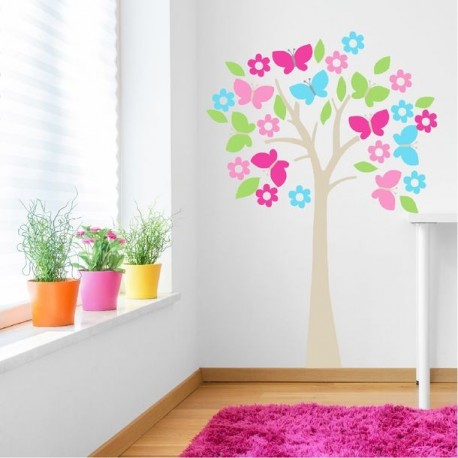 VINIL GRANDE NIÑA ÁRBOL FLORES MARIPOSAS LUMIK - Envío Gratuito